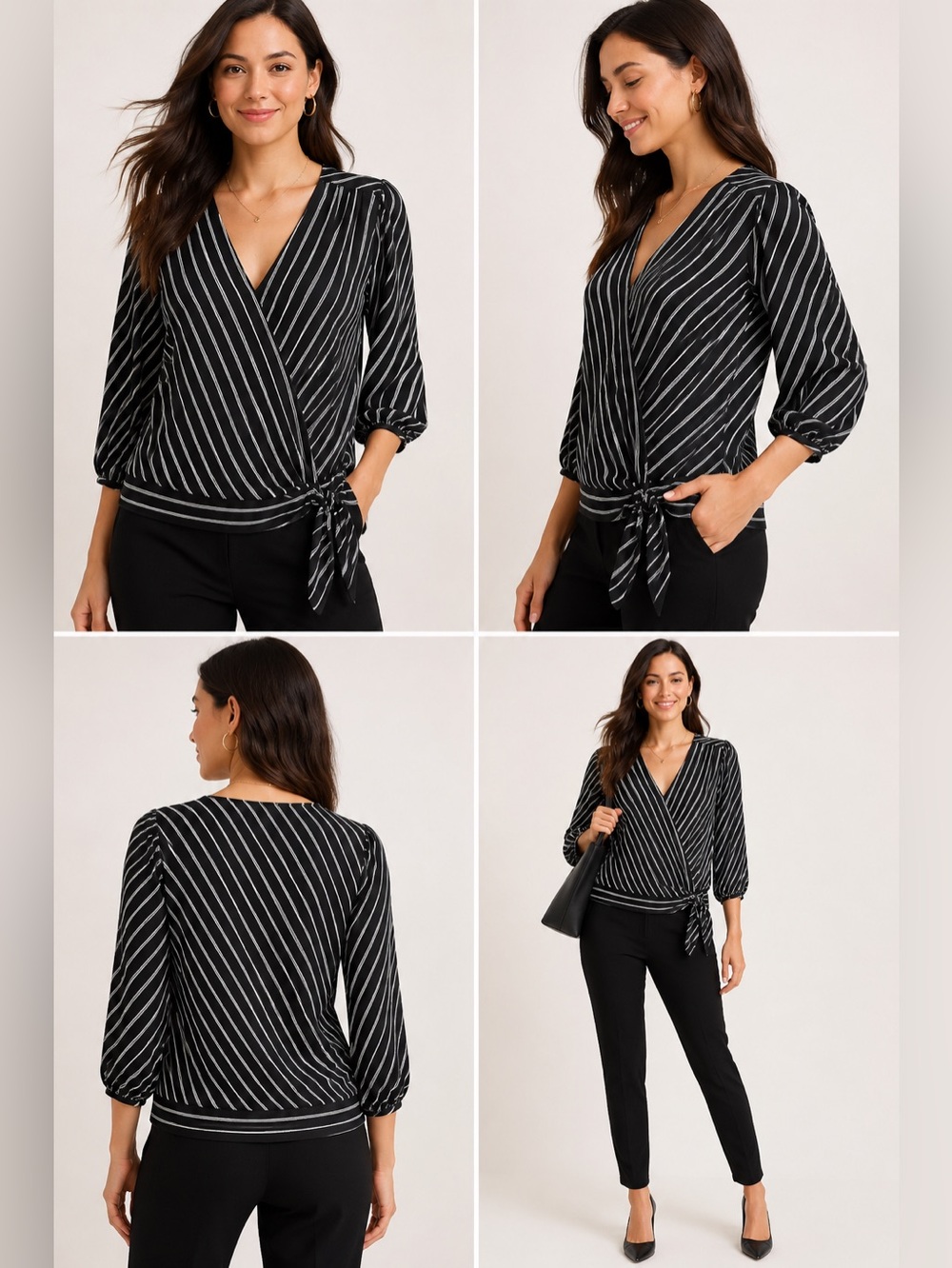 LOFT Black & White Striped Faux Wrap Blouse – Size Large - Like New